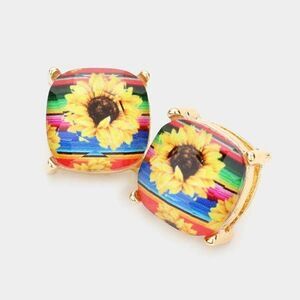 Serape Sunflower Printed Square Stud Earrings